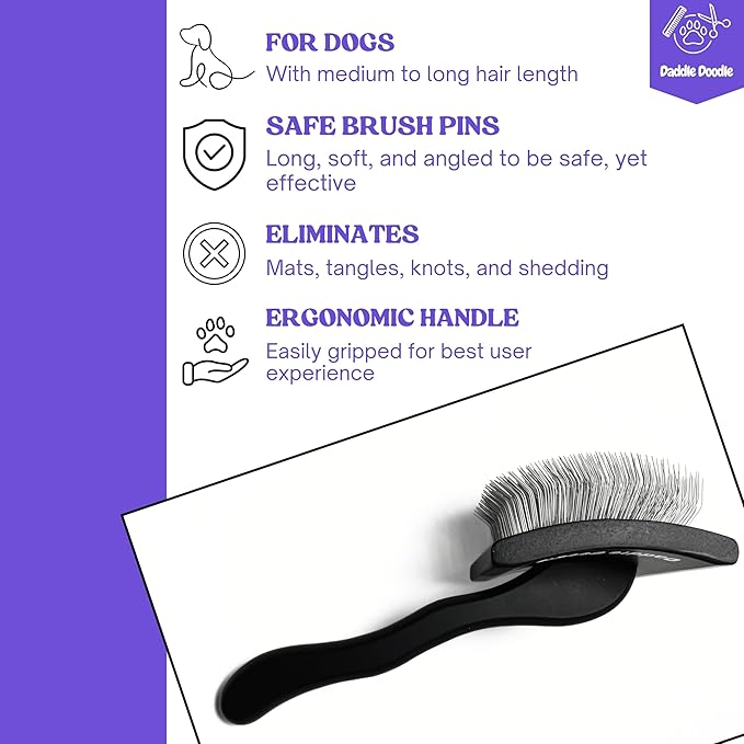 Dog Slicker Brush - Grooming Designed for All Poodles and Doodle Mixes – Fluff, Style, Detangle, and Demat – Ergonomic Handle Design – Angled Brush Pins that are Safe and Effective