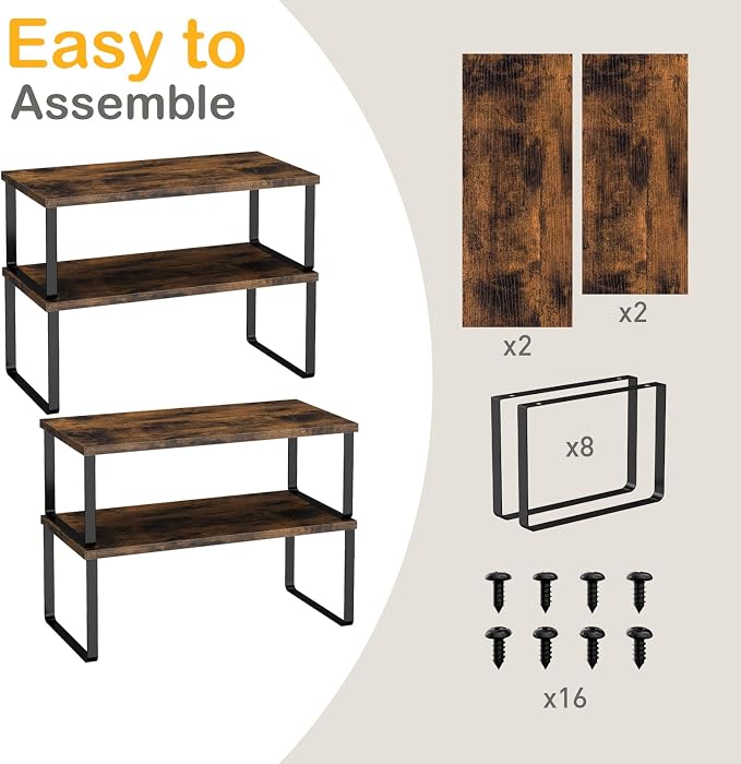 OGEMXU Cabinet Shelf Organizers, 15.7 inches Large Kitchen Counter Shelf, Set of 4 Wood Kitchen Pantry Organizer, Storage Shelves for Countertop, Spice Rack, Stackable, Expandable, Metal Black, Brown