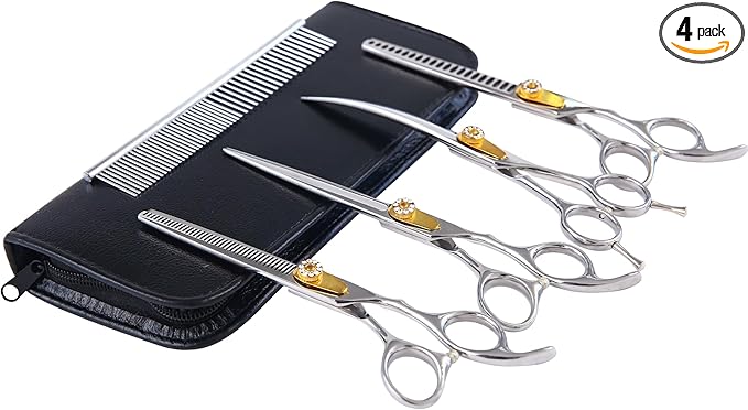 7 Inch Professional Dog Grooming Scissors Kit, 6-in-1 Grooming Scissors for Dogs, Pet Grooming Shears Set, Straight Scissor & Thinning Shear & Curved Scissor & Chunker Shear (Silver)