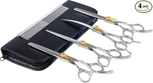7 Inch Professional Dog Grooming Scissors Kit, 6-in-1 Grooming Scissors for Dogs, Pet Grooming Shears Set, Straight Scissor & Thinning Shear & Curved Scissor & Chunker Shear (Silver)
