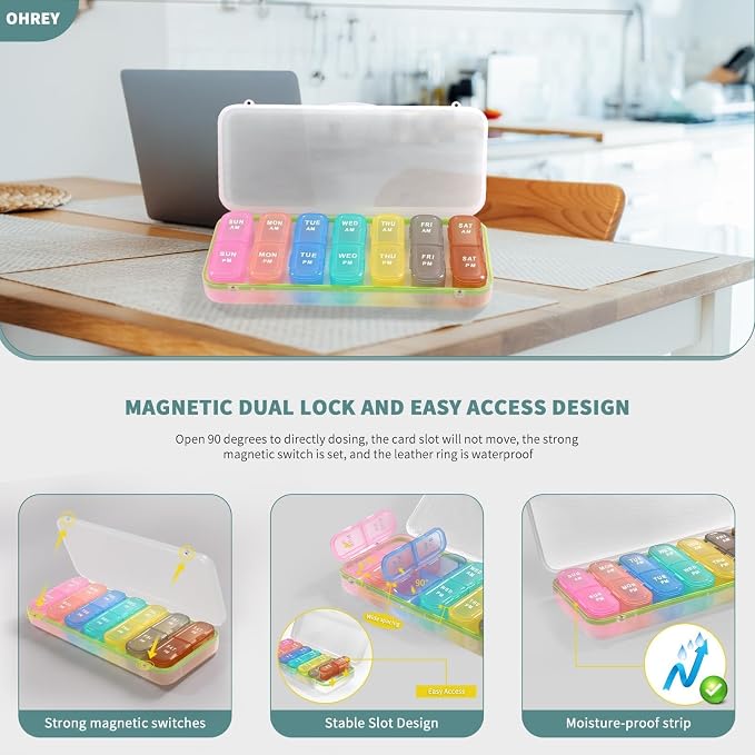 Pill Boxes and Organizer 2 Times a Day, Pill Organizer 2 Times a Day, Weekly Pill Organizer, Travel Pill Organizer Case for Vitamins, Fish Oils+ 2 Detachable Cute Pill Organizer (White)