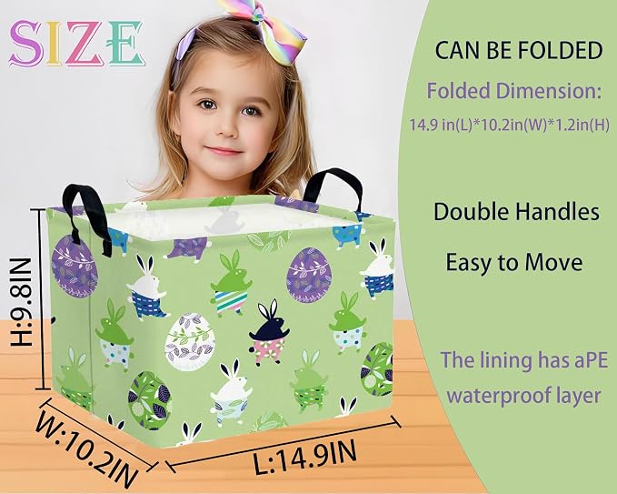 Large Rectangular Easter Baskets Empty Waterproof Boy Toy Box Foldable Kid's Gifts Storage Bin Spring Room Decor(Green Dancing Rabbit Egg)