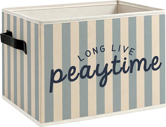 Playroom Foldable Storage Bins Box with Handles, Kids Playroom Decor, Blue Striped Long Live Playtime Decorative Storage Boxes Baskets Toybox Organizer for Kids Nursery Room Bedroom