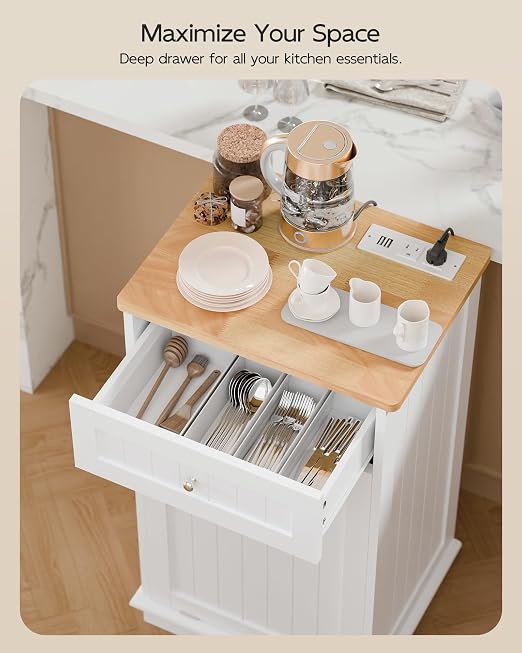 Betterhood Single Tilt Out Trash Cabinet with Power Outlet, Wooden Hidden Garbage Can Holder with a Big Storage Drawers for Kitchen, Living Room, Laundry, White