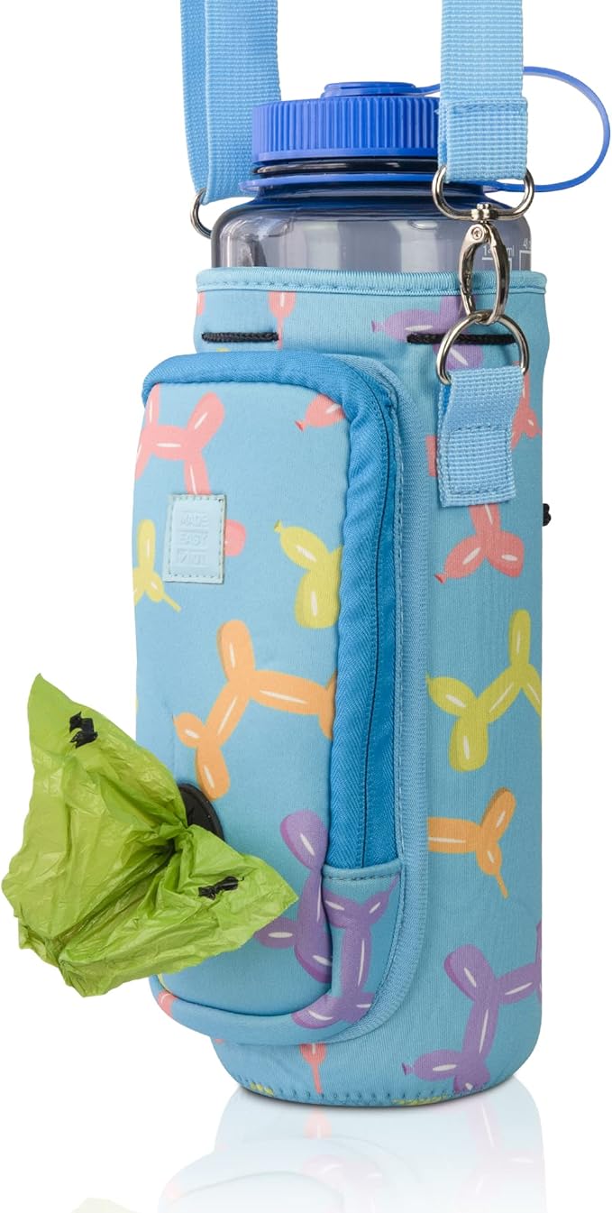 Made Easy Kit Water Bottle Carrier with Pocket for Dog Poop Waste Bags and Adjustable Padded Shoulder Strap (Tall & Large (40oz) with Bowl, Blue, Balloon Dogs)