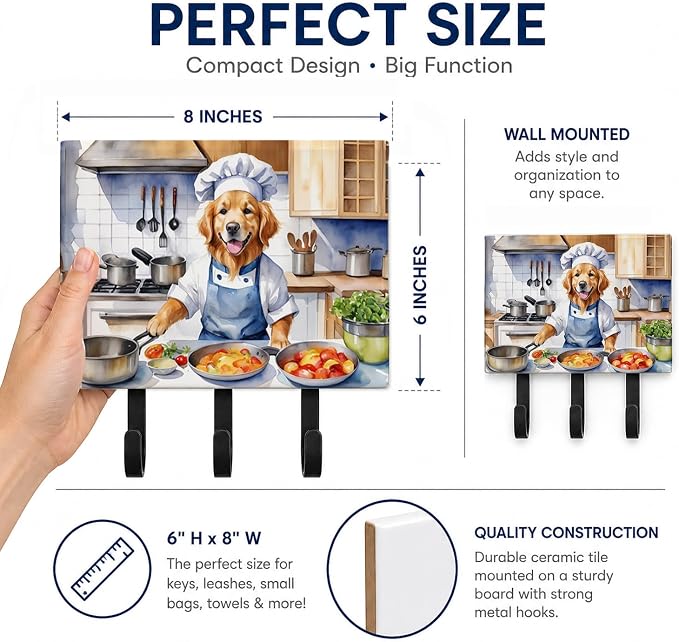 Caroline's Treasures Golden Retriever The Chef Leash or Key Holder Wall Hooks, Key Hooks Holder, Coat Rack Wall Mount, Coat Hooks, Hooks for Hanging Keys, Towels, Aprons, Leashes | Golden Retriever The Chef artwork on ceramic tile with three steel hook...