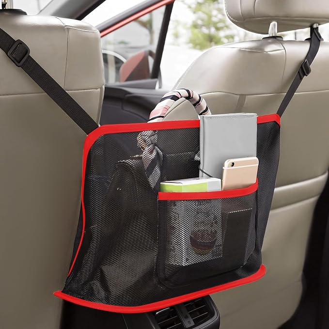 Car Net Pocket Handbag Holder, Large Capacity Mesh Bag for Console Front Seat, Barrier of Backseat Pet Storage Netting Pouch for Handbag Purse, Car Accessories for Women Men (Red)