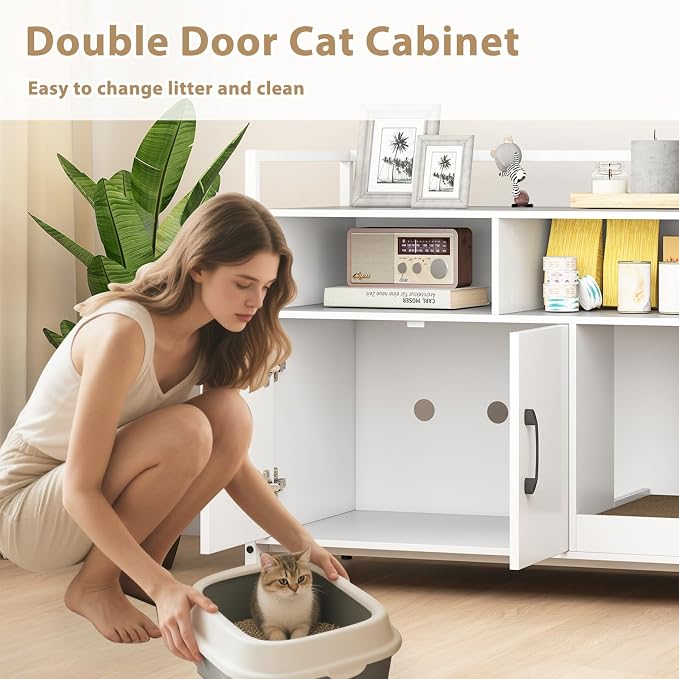 Giantex Cat Litter Box Enclosure - Cat Washroom Hidden Furniture with Front Entry, Scratcher, 2-Door Storage Cabinet, 2 Compartments, Air Vents, Metal Frame, Wooden Pet Crate House (White)