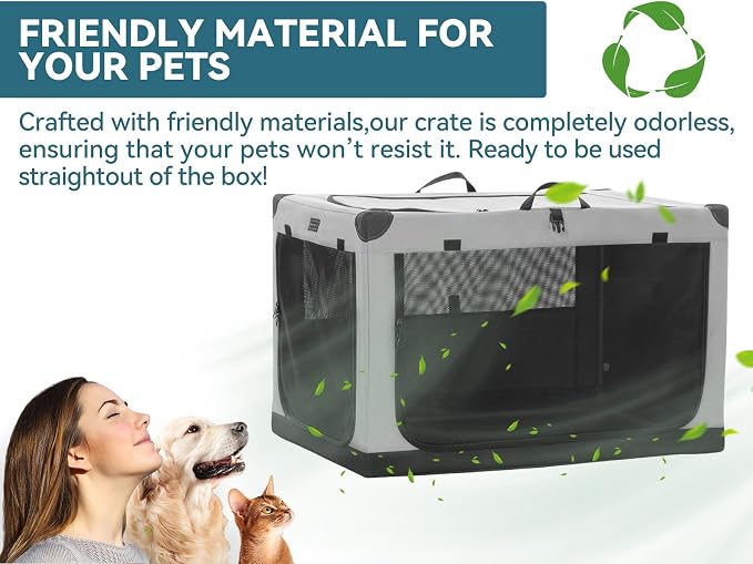 PETSFIT 30" Soft Portable Dog Crate – Patented Spiral Sturdy Frame, Collapsible Travel Kennel for Medium Dogs, 3 Mesh Door, Lockable Zippers, Indoor & Car Use Gray