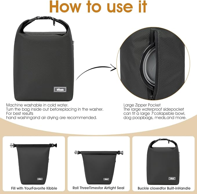 Pet Food Storage Bag Dog Food Travel Bag with 2PCS Collapsible Dog Travel Bowls Waterproof Kibble Storage Container for Road Trips Camping (Black, Small)