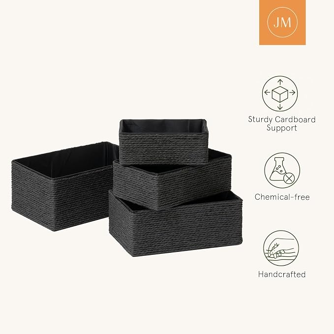 LA JOLIE MUSE Bathroom Basket Organizers, Paper Rope Storage, Black 4 Pack