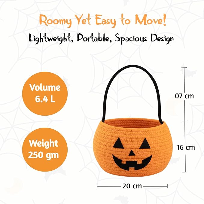 Pumpkin Storage Basket | Woven Cotton Rope Bin | Cute Halloween Candy Bowl, Trick or Treat Bag, Boo Gift, Stuffer Filler | Multipurpose Home Organizer & Gift Basket with Handles | Decorative Container