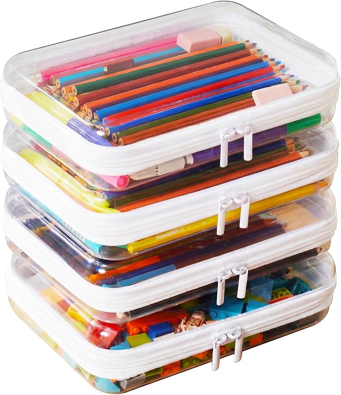 MACOPRO 4PCS Medium Clear Hard Shell Zipper Pouch - Makeup Organizer & Toy Storage Bag for Lego Bricks, Transparent Pencil Case for Stationery, Portable Travel Toiletries Bag