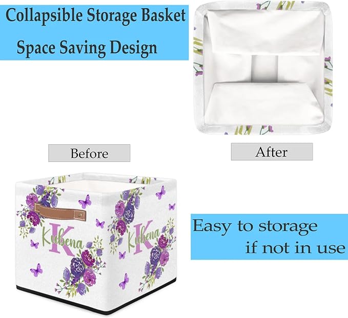 Personalized Name-Initial Purple Flower Storage Baskets for Girls Women, Custom Portable Square Storage Bins with Handles Foldable Organizer for Toys, Clothes, Blanket,Towel, Pet 13”