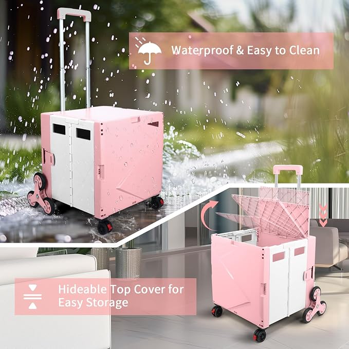 76L Folding Utility Cart Portable Rolling Crate Handcart Shopping Collapsible Tool Box with Stair Climbing Wheels,Hidden Lid,2 Rotate Wheels,for Grocery,Shopping,Office,Storage(Pink-White)