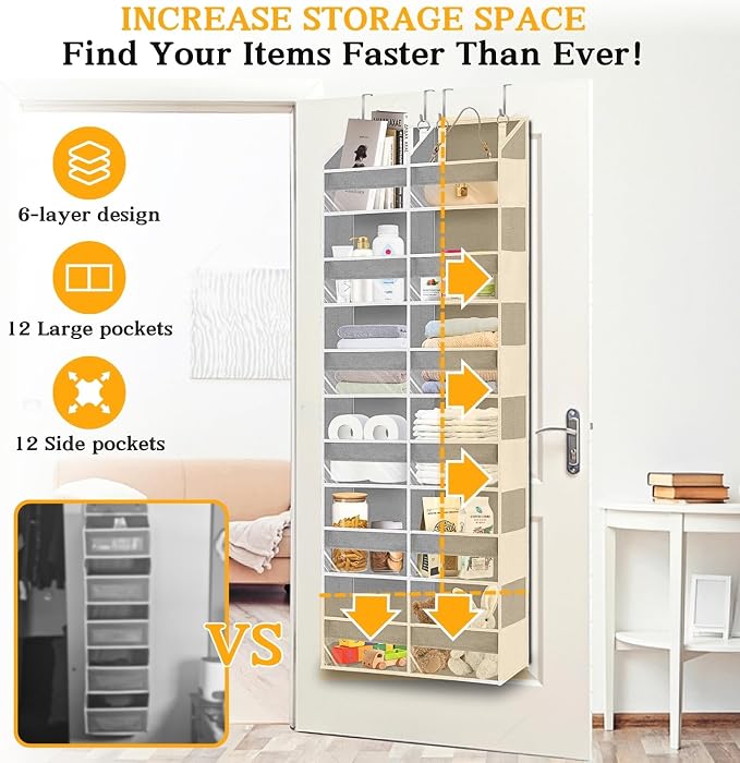 Over The Door Organizer 6 Tiers, Extra Large Behind Door Storage of 12 Compartments, 80 lbs Weight Capacity Hanging Storage Organizer with Clear Window Kids Toys,Shoes,Diapers,Room Storage,Light Grey