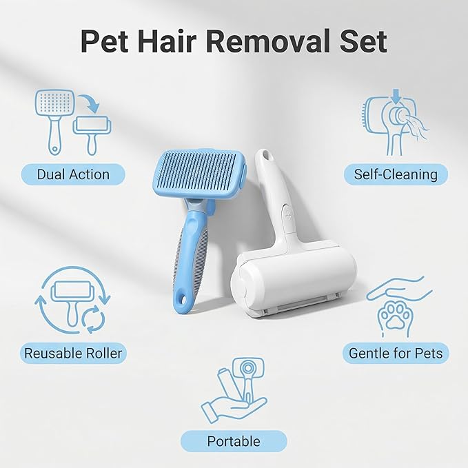 Pet Hair Remover Tool 2 Pack - Pet Hair Brush + Reusable Lint Roller, for Long/Short Hair Indoor Cats & Dogs Shedding, Pet Fur Remover for Furniture, Car, Couch, Bedding