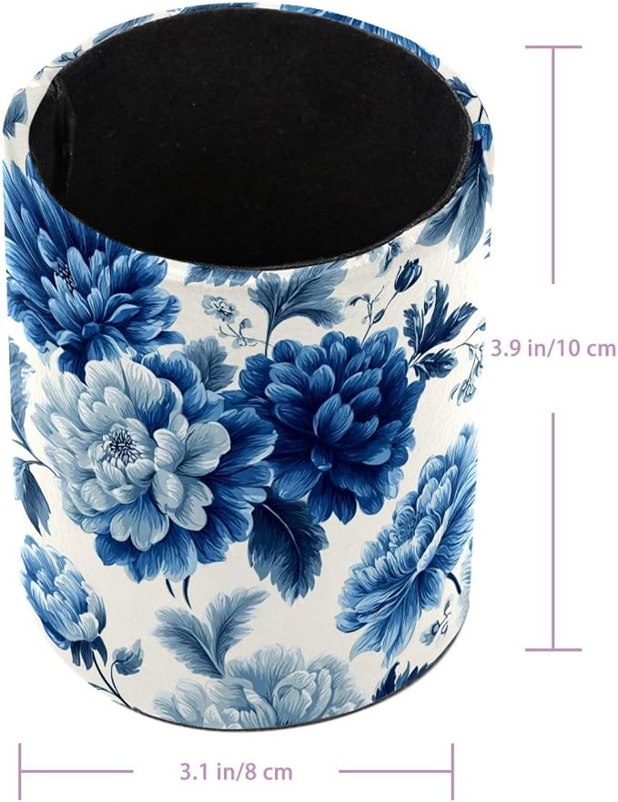 Faux Leather Pen Holder for Desk, Pencil Organizer Blue Flowers Pen Cup Desk Decor Makeup Brush Holder Storage for Office Home