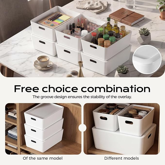 6 Pack Large White Storage Bins with Lids, PET Plastic Pantry Organizers and Storage Containers for Kitchen, Fridge, Bathroom, Office