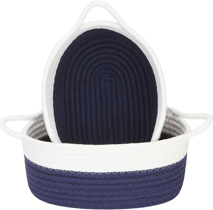 Sea Team 2-Pack Compact Woven Cotton Rope Storage Baskets, Navy | Knitted Decorative Organizer Bins with Handles, Portable Oval Containers for Small Items, Keys, Makeup, Jewelry, Trinkets