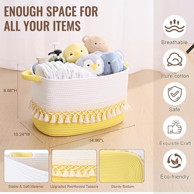 2 Pack Storage Basket for Shelves, Boho Cotton Rope Storage Bins with Heavy Tassel, Shelf Baskets Large Woven Baskets for Organizing, Cube Organizer Bins, Baby Laundry Basket for Clothes, Toys, Pets
