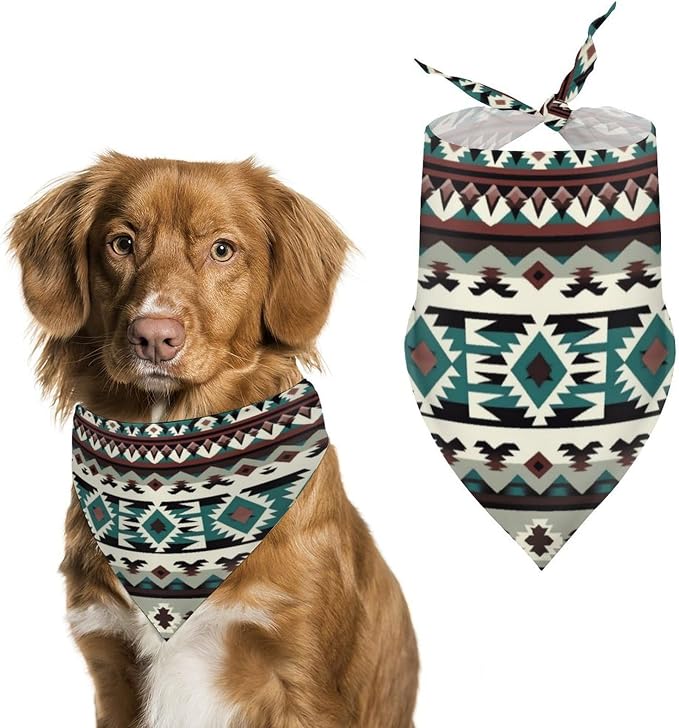 Adjustable Comfy Pets Triangle Scarf for Small, Medium, Large Dogs and Cats Running, Walking, Outdoor Activities Use (Teal Turquoise Tribal Navajo Aztec Geometric Ethnic Pattern)