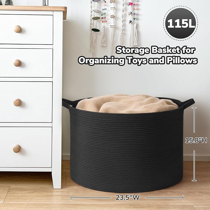 Goodpick Extra Large Woven Dirty Clothes Basket for Nursery, 115L | 23.5 x 23.5 x 15.8 In Storage Basket for Nursery, Blanket Basket for Towels Clothes, Balck