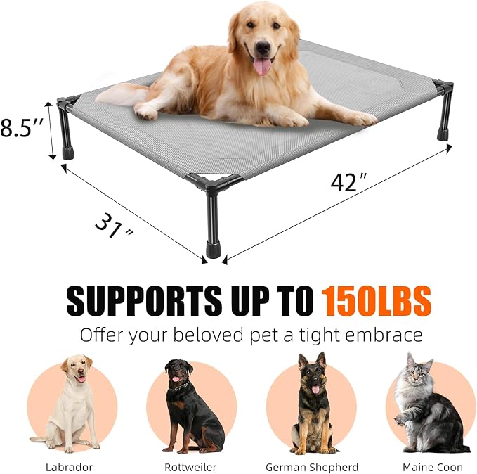 Simple Trending Raised Dog Bed for Large Dogs, Outdoor Elevated Dog Cot | Washable Breathable Mesh, Waterproof Cooling Pet Bed, Portable Pet Cots, Anti-Slip Feet, Easy to Clean, 42" x 31", Grey
