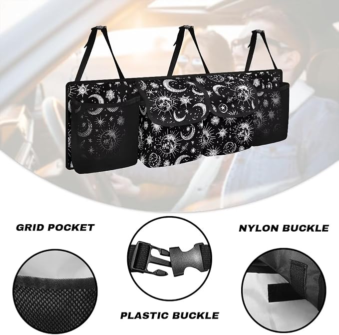 Dreaweet Sun and Moon Car Accessories Cute Trunk Organizer for Car Women Hanging Car Trunk Organizers with Pockets Seat Back Waterproof Car Storage Trunk Organizer for SUV Truck Sedan Minivan