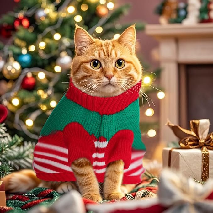 2 Pcs Puppy Christmas Sweaters Winter Pet Knitwear Xmas Dogs Outfits Christmas Elf Costume Warm Clothes for Cat Kittys Puppies