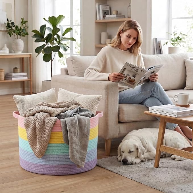 90L Large Blanket Basket,Rope Woven Laundry Basket-Colorful | Collapsible, reinforced handles, nursery storage bin organizes clothes, toys and pillows for living room, bedroom bathroom