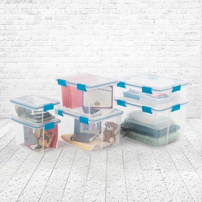Sterilite Gasket Storage Box with Lids for Home & Office, 20 Quart, 18-Pack | Heavy-Duty, Stackable, and Organizing Containers for Bathroom, Cabinet, Closet, and Garage, Clear and Blue Aquarium Latches