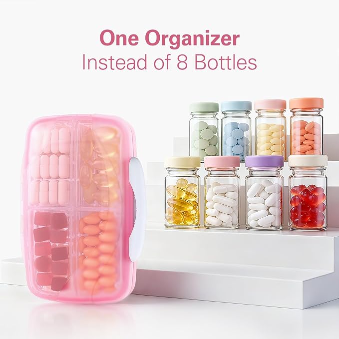 Barhon Large Pill Organizer with 8 Compartments, Large Pocket Pharmacy Travel Pill Box Moisture-Proof, Portable Vitamin Organizer for Fish Oil & Supplements (Pink)