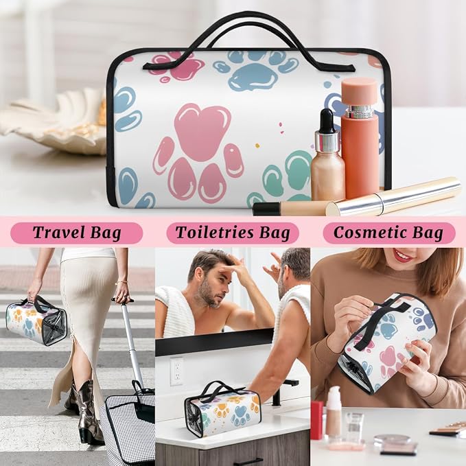 Cute Colorful Cat Paws Makeup Bag for Women Hanging Roll-Up Travel Organizer Toiletry Kit with 4 Removable Compartments, Pet Animals