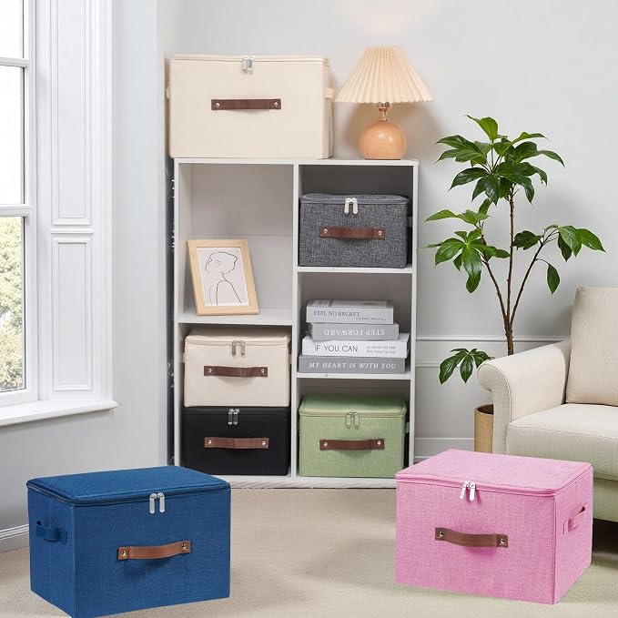 Storage Bins with Zipper Lid Decorative Lidded Storage Boxes | Collapsible Cotton Linen Fabric Storage Baskets, PU Leather Handle, Stackable Shelves Closet Organizer Container(Pink, Small)