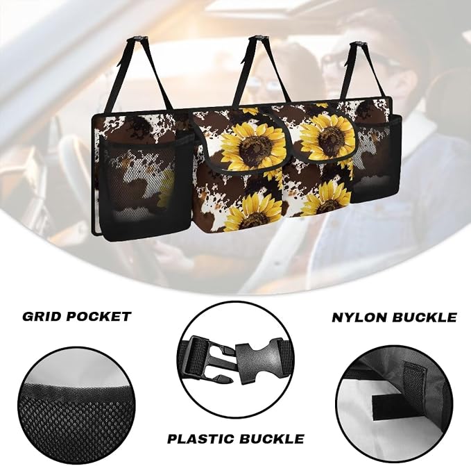 Dreaweet Sunflower Car Trunk Organizers for Women SUV Sedan Backseat Hanging Storage with 4 Large Pockets Brown Cow Print Car Accessories Interior Collapsible Trunk Organizer with Adjustable Strap