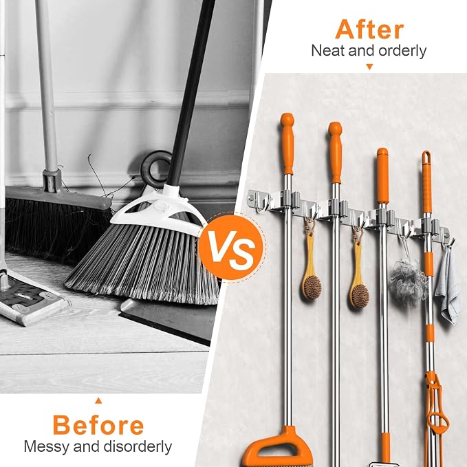 CUXIXA 2 Pack Mop and Broom Holder Wall Mount, Non-slip Broom Hanger Wall Mount, Heavy Duty Mop Broom Organizer for Kitchen Garden Garage Laundry Room Wall Decor Organization and Storage Silver 4R5H