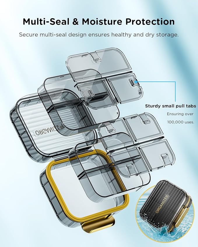 Acedada Travel Pill Case, Small Pill Box for Purse, Black | Portable Daily Pill Container, Compact Moistureproof 7 Compartments Pill Organizer, Medicine Holder for Vitamins Fish Oils
