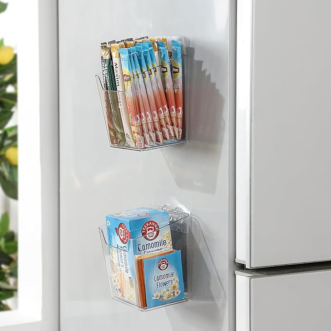 Clear Acrylic Pen Holder, 4 Pack Cabinet Door Organizer Adhesive, Bathroom Wall Mount Caddy Kitchen Plastic Storage Bin Box for Office Marker,Art Supply, Small Cleaning Supply, Seasoning Drink Packet