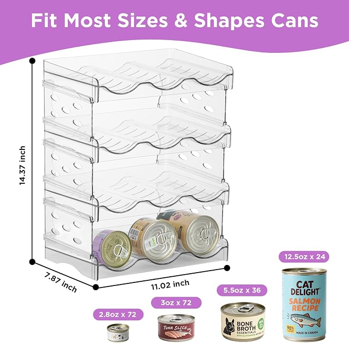 REFLYING Cat Food Can Organizer 4-Tier Holds 72 Cans Acrylic | Clear acrylic 4-tier cat food can organizer,Holds 72 cans 3oz-12.5oz,Stackable pantry storage for multi-cat households