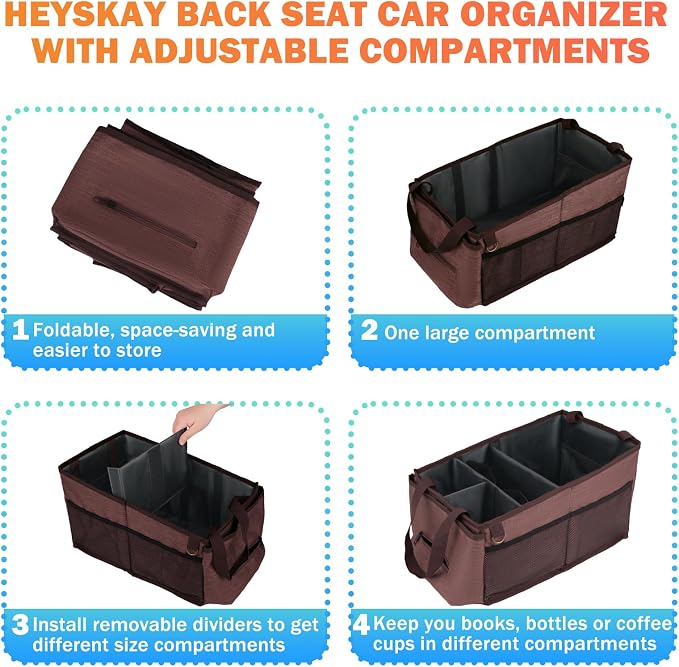 HEYSKAY Backseat Car Organizer Car Caddy Passenger Seat Organizer for Kids | Collapsible Small Car Storage, Console Front Seat Car Organizer for Truck, SUV and Minivan, Adjustable Compartment Space