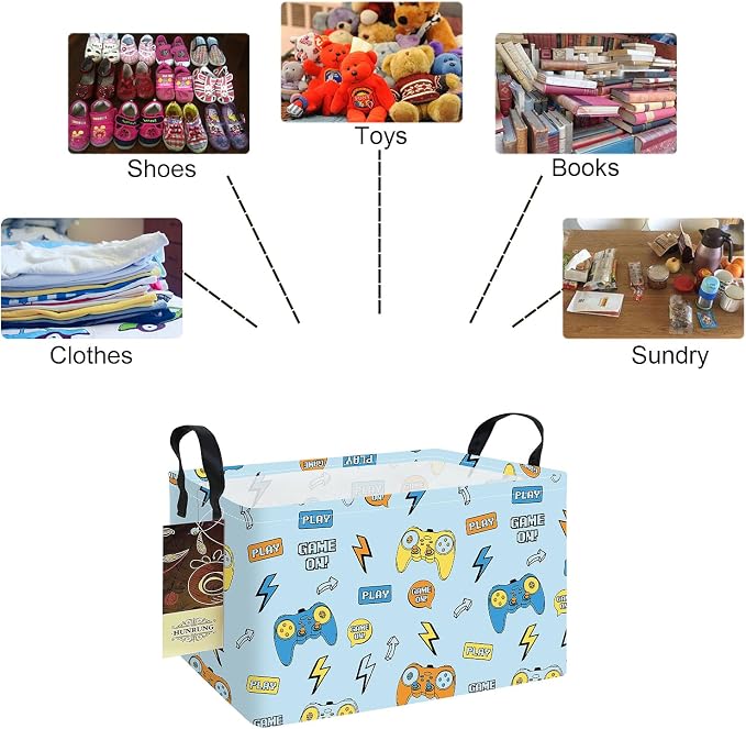 Rectangle Foldable Storage Basket Handles For Home, Color Game | Waterproof canvas material, reinforced handles, perfect for shelf use, organizes clothes, daily items and pet supplies