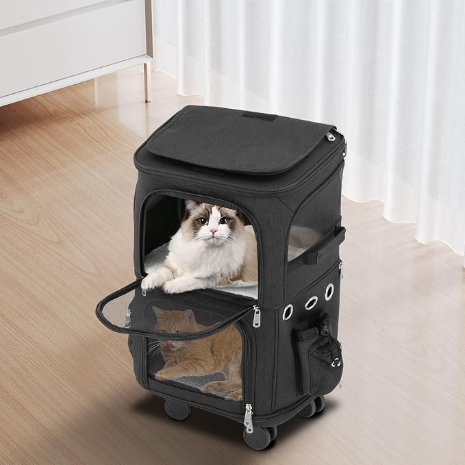2-Tier Rolling Pet Carrier for Cats & Dogs, Removable Divider, Telescopic Handle, 4 Wheels, Breathable Mesh, Foldable, Large Portable Travel Crate with Side Pockets, 22lbs Capacity,Black
