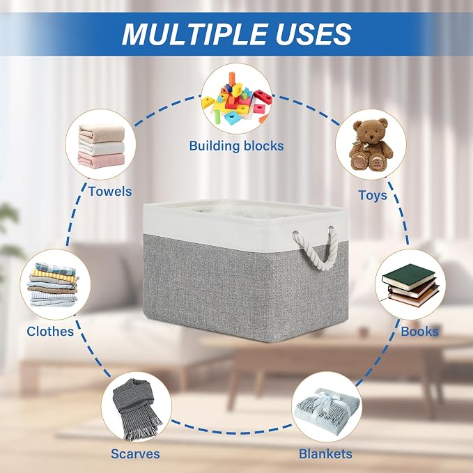 Temary Storage Baskets 4Pack Fabric Storage Bins Clothes Baskets with Rope Handle, Decorative Basket for Gift, Blankets (White&Gray,15x11x9.5 inch)