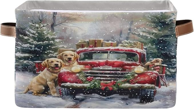 Christmas Truck Golden Retriever Storage Basket Fabric Kitchen Baskets Winter Car Dogs Xmas Tree Open Home Storage Bins Boxes Foldable Organizer Bag for Book Shelf Closet Baskets 16×12×8 Inches 2 Pack