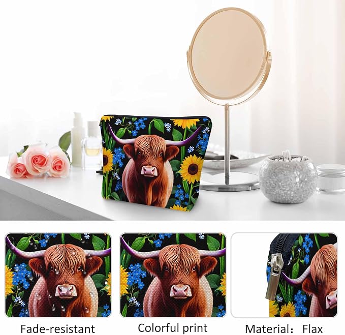 Makeup Bag For Purse Highland Cow, Hairy Cow Highland Cattle Sunflowers Yellow Cosmetic Bags For Women Travel Toiletry Pouch Makeup Bags Makeup Organizers Purse For Toiletries Cosmetics