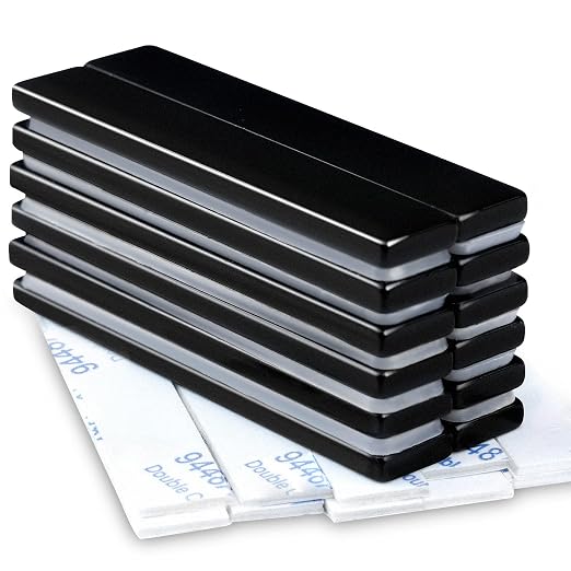 12Pcs Neodymium Magnets with Adhesive Backing 60x10x3mm Black | Fridge Magnetic Strips Refrigerator Blocks Crafts Extra Super Sticky Bar for Science Experiments Classroom Craft Office
