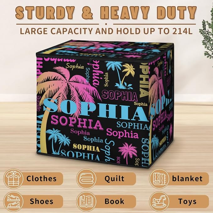 Custom Comforters Storage Basket with Lid, Personalized Name Large Organizer Bin for Children Toys, Books, Clothes, Perfect for Rooms/Playroom, Pink Blue Yellow Tropical Trees Names Black Background