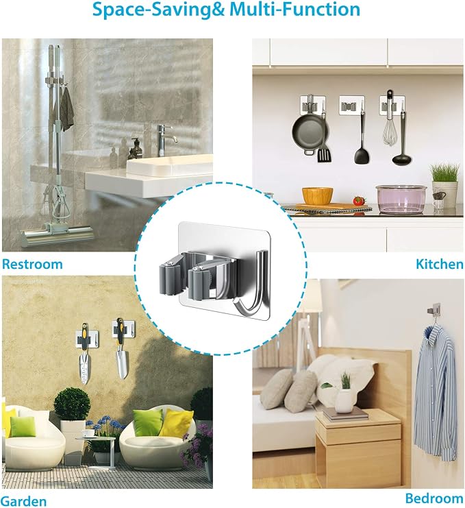 homeasy Mop Broom Holder No Drill, Mop Broom Organizer Wall Mounted Heavy Duty with Hooks Hanger, Self Adhesive Stainless Steel 4Pcs for Bathroom, Kitchen, Office (Silver)