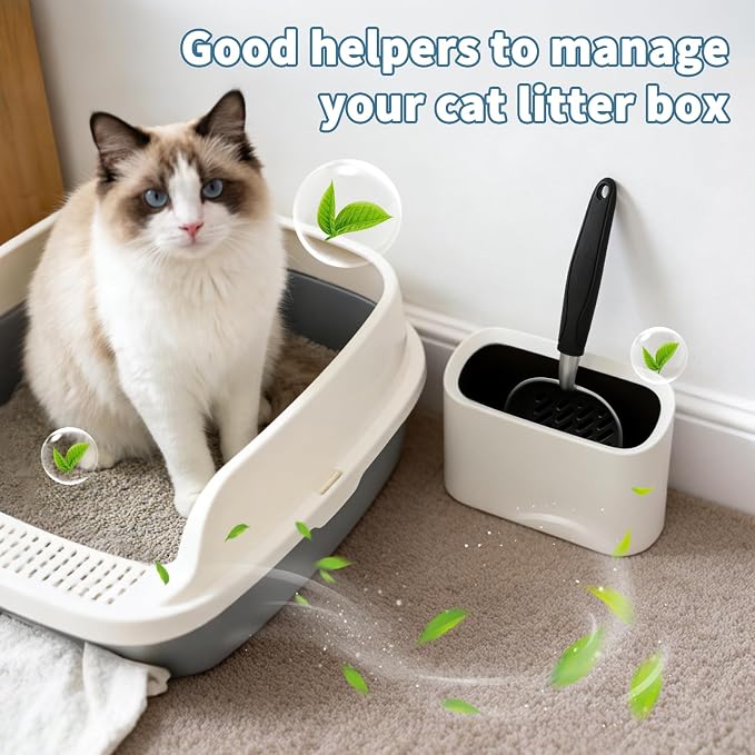 Metal Cat Litter Scoop with Holder, Detachable Caddy Set, White | Aluminum Sifting Shovel, Detachable Caddy with Lid, 12 x 4 x 1.5 in Scoop, 8 x 2.9 x 5.9 in Caddy, Curved Grip, Easy Rinse